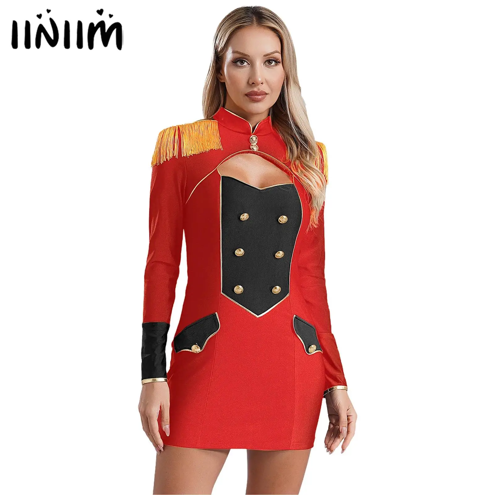 Womens Halloween Circus Ringmaster Magician Cosplay Costume Long Sleeve Tassel Epaulettes Vintage Buttons Cutout Bodycon Dress