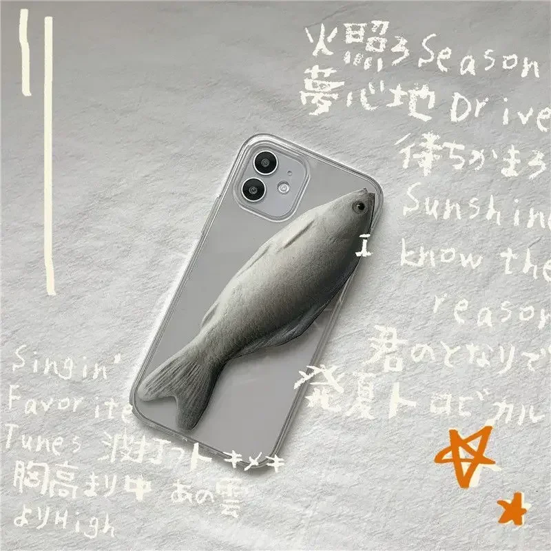 Funny Tiktok same style 3d salted fish transparent Apple 13pro phone case 12mini/12promax all inclusive soft shell 14 promax