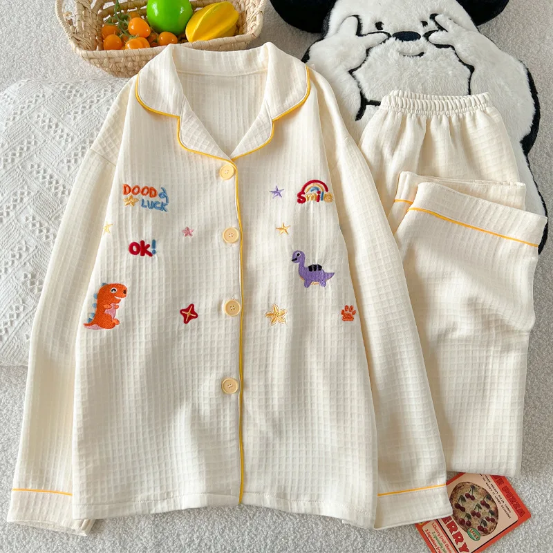 

Cute Nightwear Little Dinosaur Ins Autumn and Winter Waffle Grid Sandwich Air Cotton Pajamas Women's Homewear Striped Sleepwear
