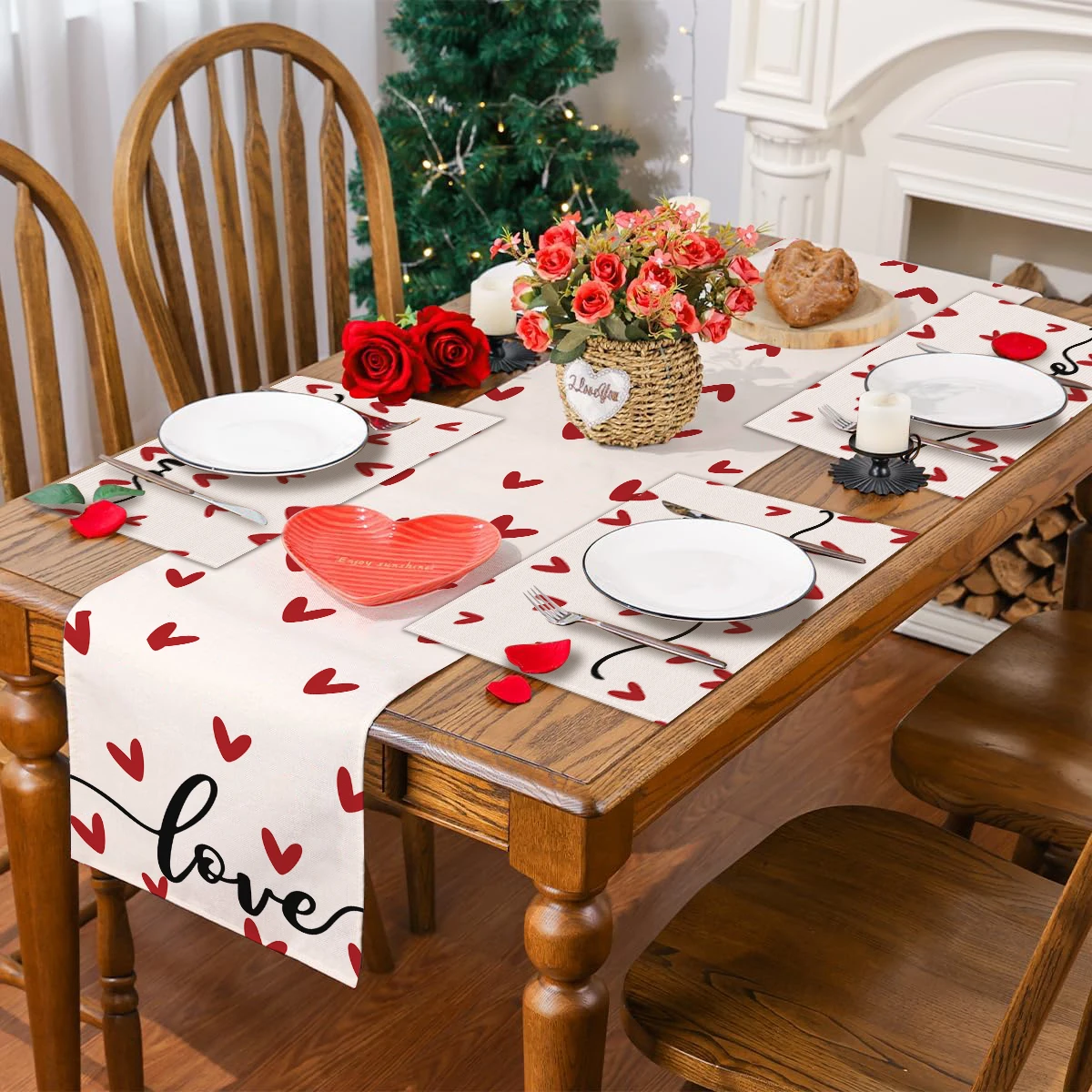 1/4/5/7pcs Valentine's Day placemat table flag set, heart-shaped heart printed placemat, Valentine's Day party table decoration