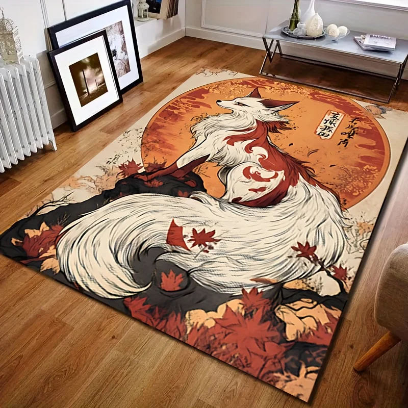 VIKAMA Japanese Nine‑Tailed Fox Area Rug,Non‑Slip Mat,Ancient Mythical White Fox Maple Leaf Pattern Carpet Bedroom Indoor Decor