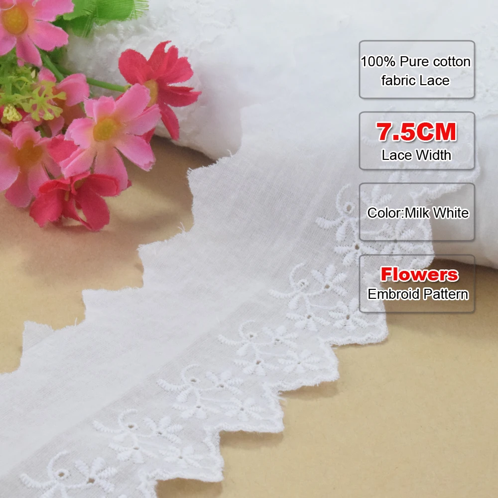 100% Cotton Embroid White Lace Sewing Ribbon Guipure African Lace Fabric Trim Knitting DIY Garment Accessories 7.5cm Wide#3077