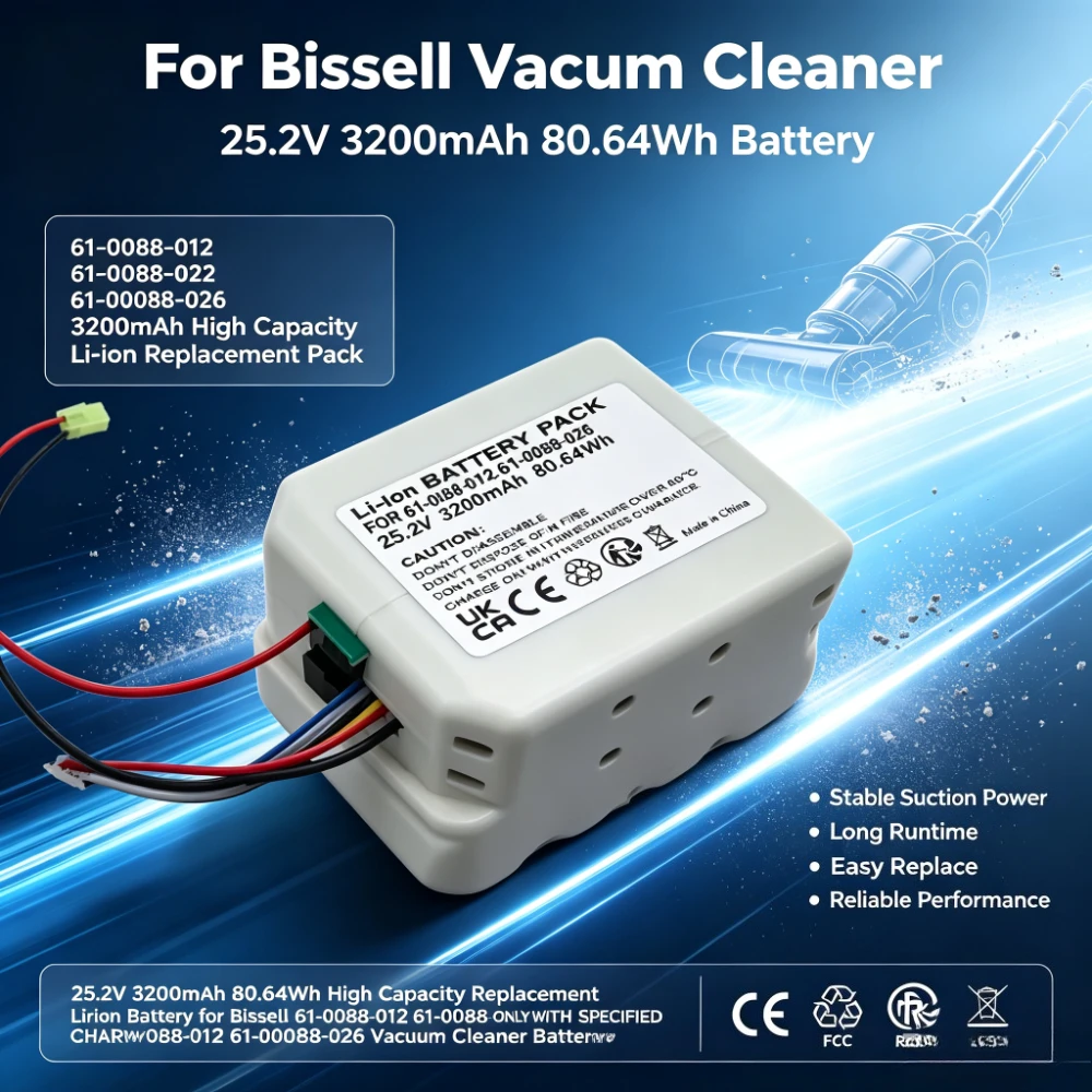 25.2V 3200mAh 80.64Wh High Capacity Replacement Li-ion Battery for Bissell 61-0088-012 61-00088-026 Vacuum Cleaner Battery + Chg