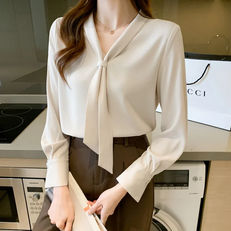 2021 White Blouse for Women\'s Solid Color Chiffon Shirt V-neck Shirt Long Sleeve Ladies Tops Bow Blusas Female Dropshipping 1290