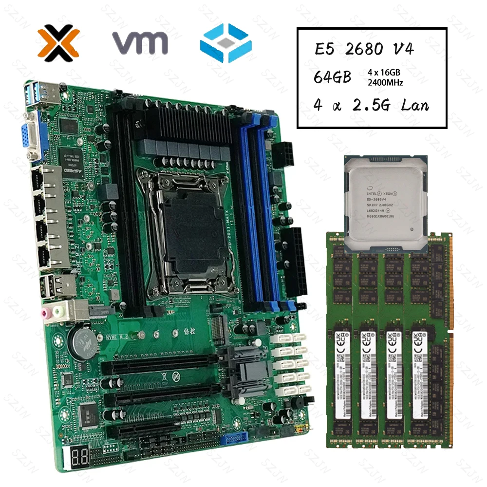 New C612 Motherboard Kit 2680 V4 DDR4 64GB for Servers Firewalls Vpn Abonnement Virtual Machines Routers 4x2.5GE 10xSATA Raid