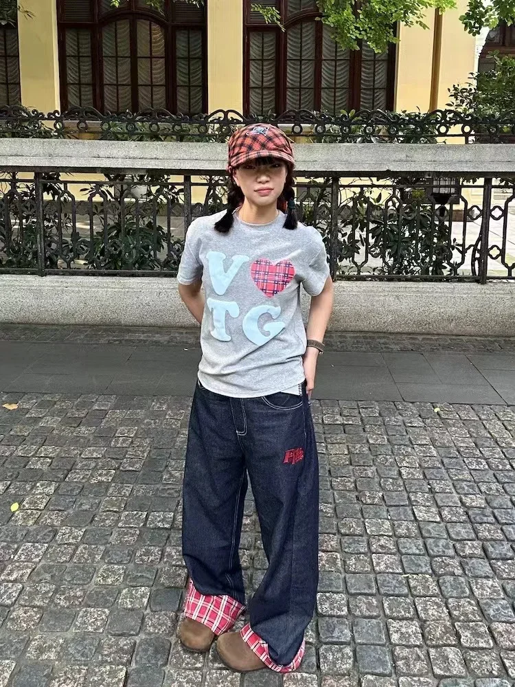 ADAgirl ricamo Plaid Patchwork Jeans larghi donna Retro Harajuku HipHop pantaloni dritti a gamba larga pantaloni Denim moda Casual