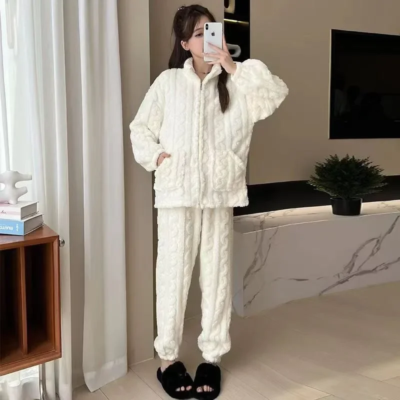 Flannel Pajamas Autumn Winter Homewear Women Plus Velvet Nightgown Famale Warm Large Size Loungewear Loose Home Service Suit