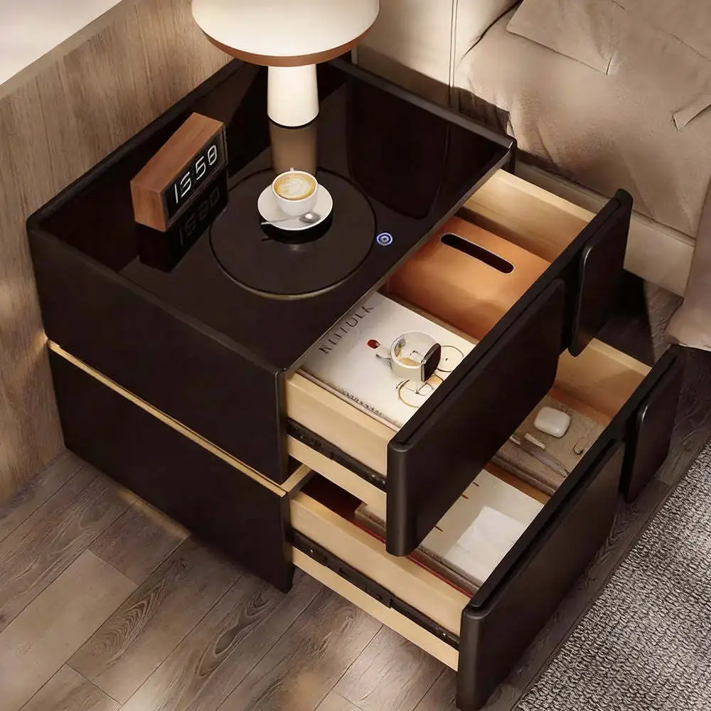 Modern Smart Nightstand Motion Sensor Night Light Built-In Wireless Charging Plywood Faux Leather Bedside Table