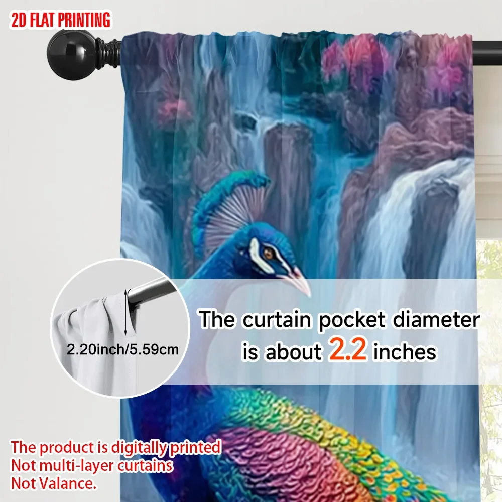 2 قطعة، ستائر طباعة طائرة ثنائية الأبعاد مطبوعة رقمية ملونة تصميم طاووس بوليستر سهل التركيب (بدون قضيب) ديكورات لـ #6