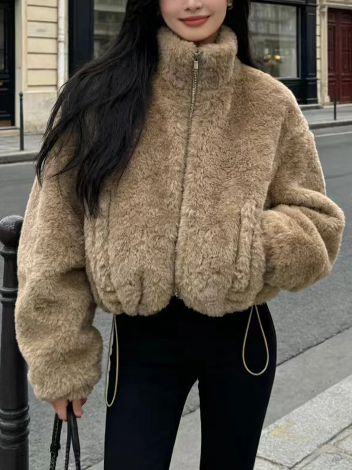 

Новый женский зимний кардиган свободного кроя из овечьей шерсти цвета хаки с воротником-стойкой, в корейском стиле, облегающий, с открытым передом