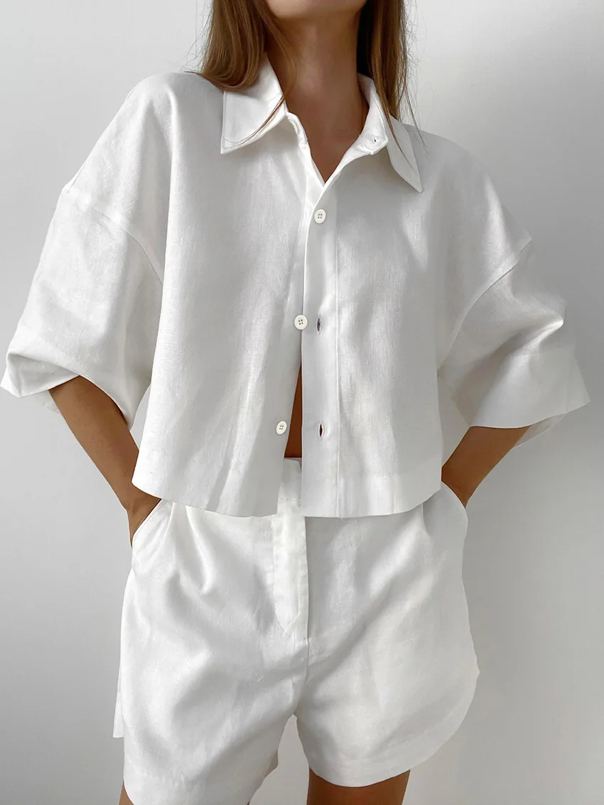 Modisches Hemd aus reiner Baumwolle, zweiteiliger Anzug, Sommer, neue Fünfviertel-Ärmel-Shirts + Shorts-Anzug, 2025, einreihige Damen-Top-Sets