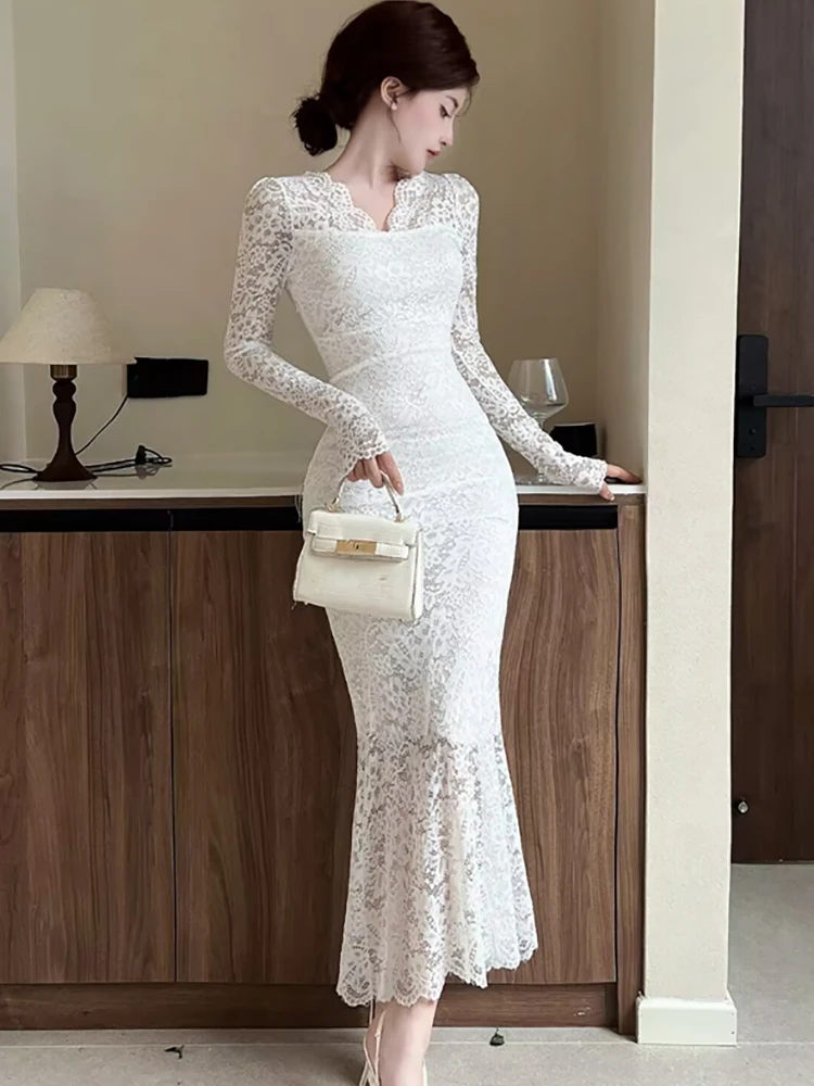 Feminino coreano vintage luxo bodycon vestido longo primavera outono branco renda jacquard vestido 2025 elegante chique babados vestidos de noite