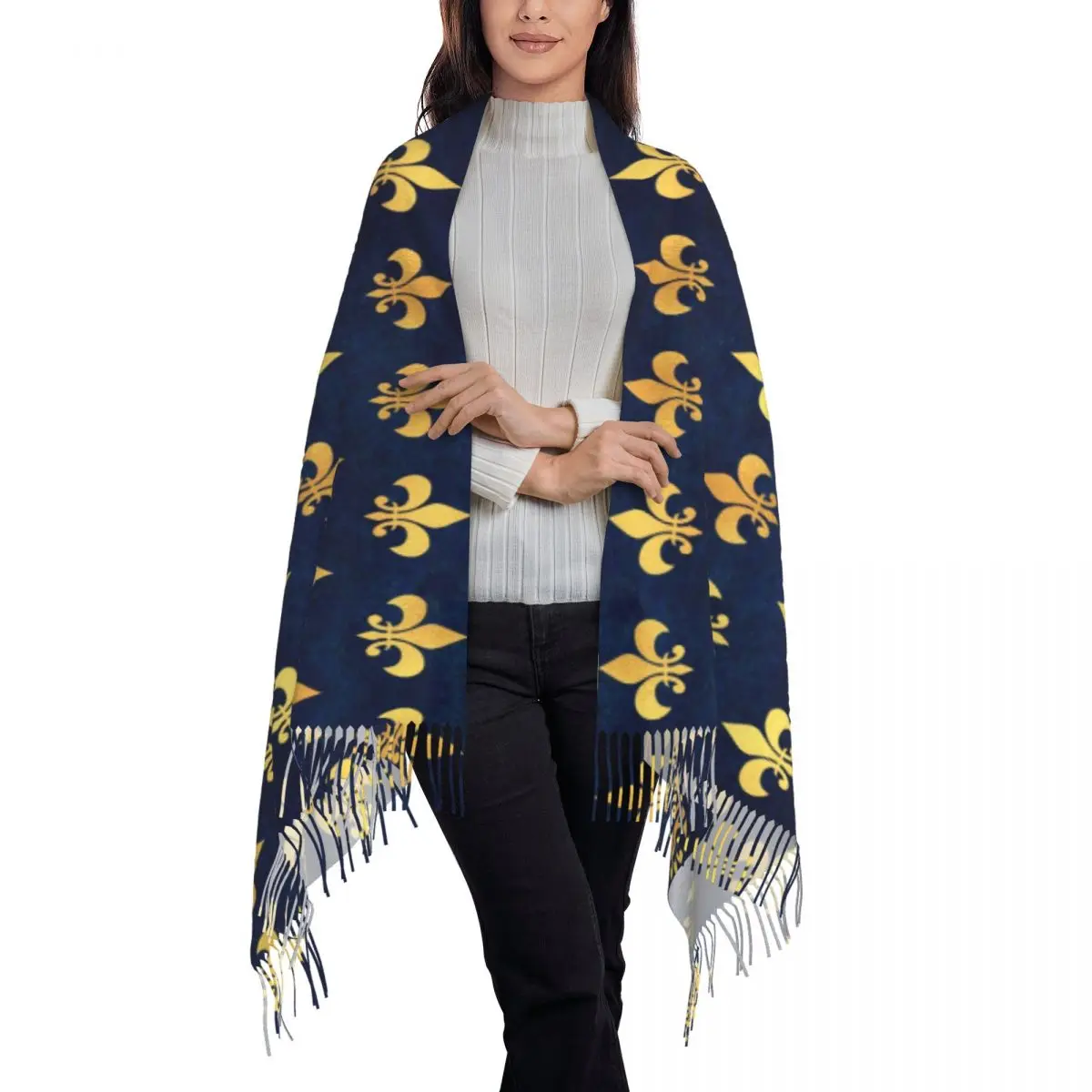 Royal Gold Blue Grunge Fleur De Lis Scarf Women Men Luxury Winter Shawl Wraps Lily Flower Tassel Wraps