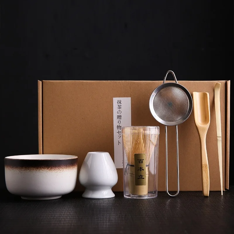 Tea Whisk Brush Set Bamboo Matcha Scoop and Holder Bowl with Strainer Japanese Ceremony Accessory