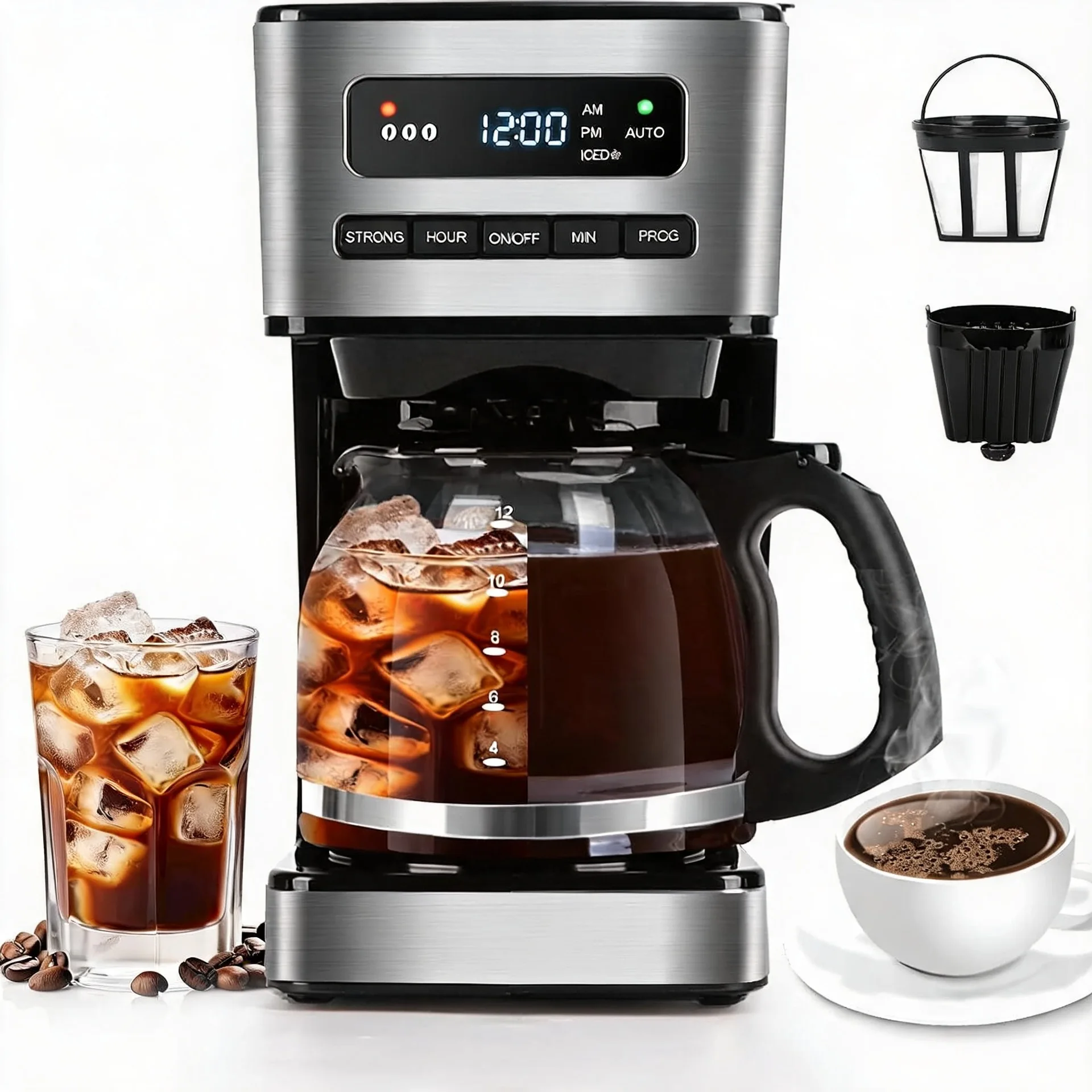 

Programmable Coffee Makers 12 Cup, Hot and Iced Coffee Maker, 4 Brew Strength, LED Display, 24H Timer, Keep Warm&Auto Shutof