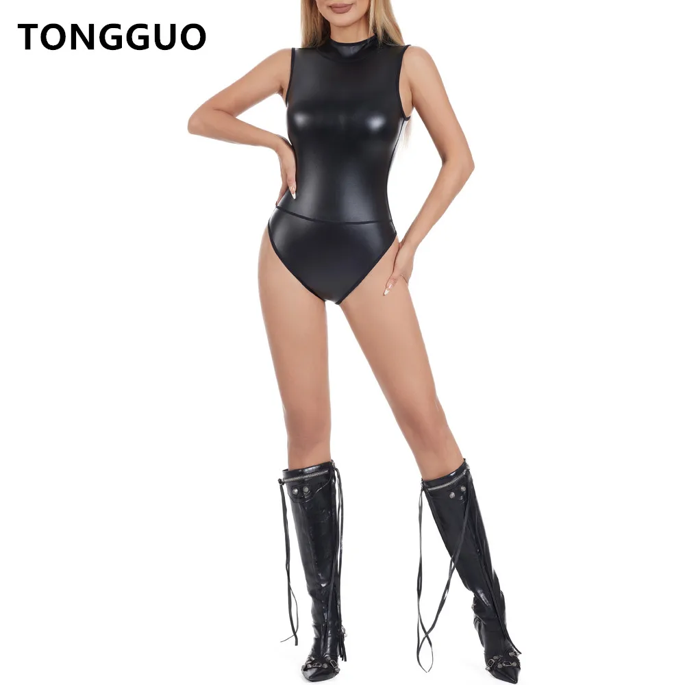 Women Body Shaper Sexy Lingerie Back Zipper High Neck Vest Shapewear Faux Leather Bodysuit Stage Performance One Pieces Jumpsuit
