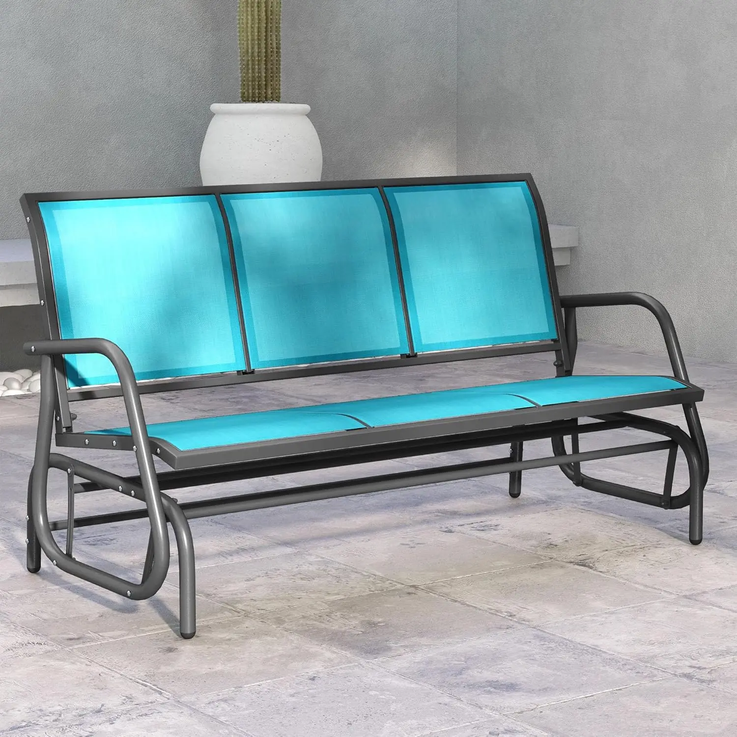 3-Person Patio Glider Bench, Outdoor Porch Glider Swing with 3 Seats, Breathable Mesh Fabric, Metal Frame, Blue