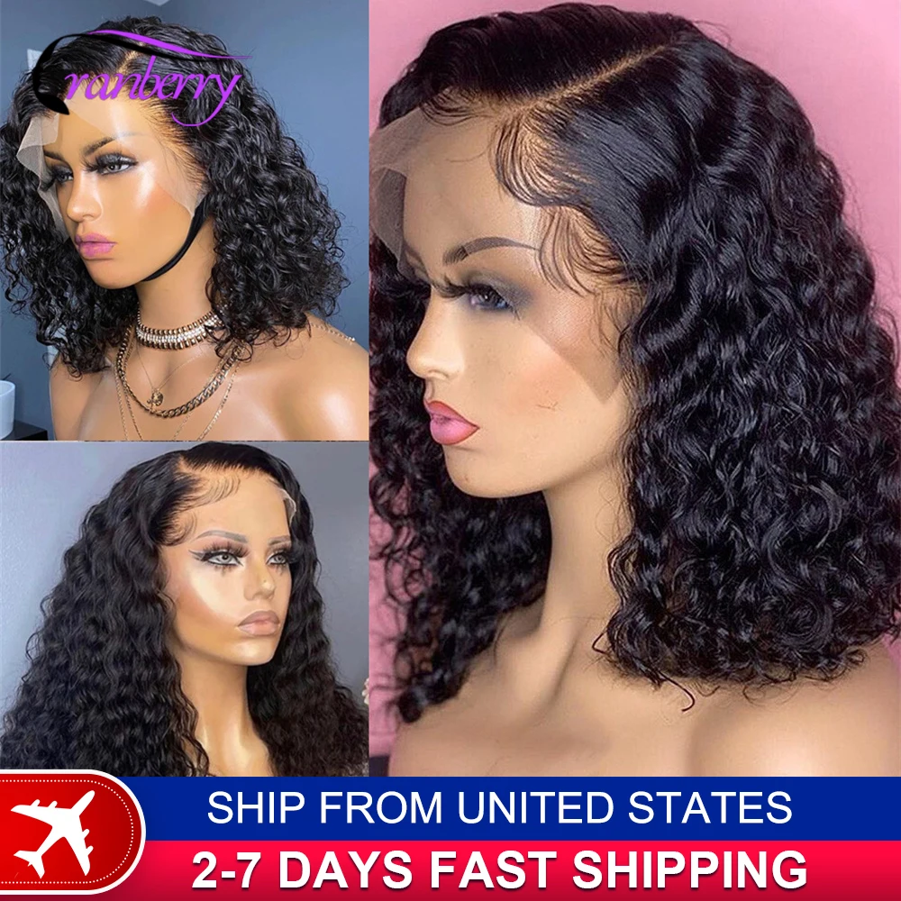 Human Hair Lace Wigs Water Wave 13x4 Lace Front Short Curly Bob Wig 180% Density Cranberry Hair 13x4 Lace Frontal Wig