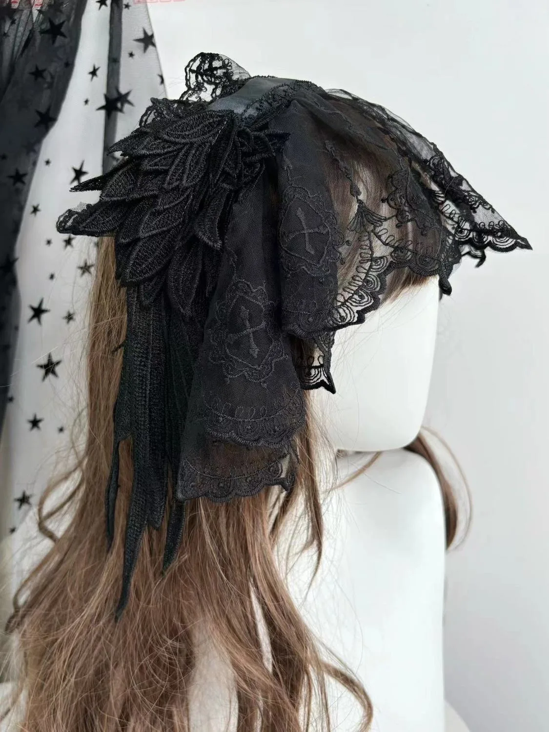 Handgefertigtes schwarz/weißes Schleier-Accessoire, Gothic-Lolita-Stirnband mit Engelsflügel, Lolita, tägliche Mode, Kollokation, Damen-Kopfbedeckung