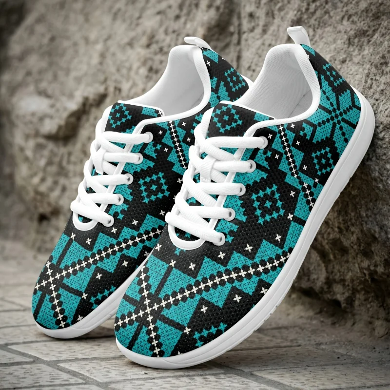 

Unisex ethnic style casual sneakers with blue-black geometric diamond print Four-season lace-up soft-soled non-slip wear-resista