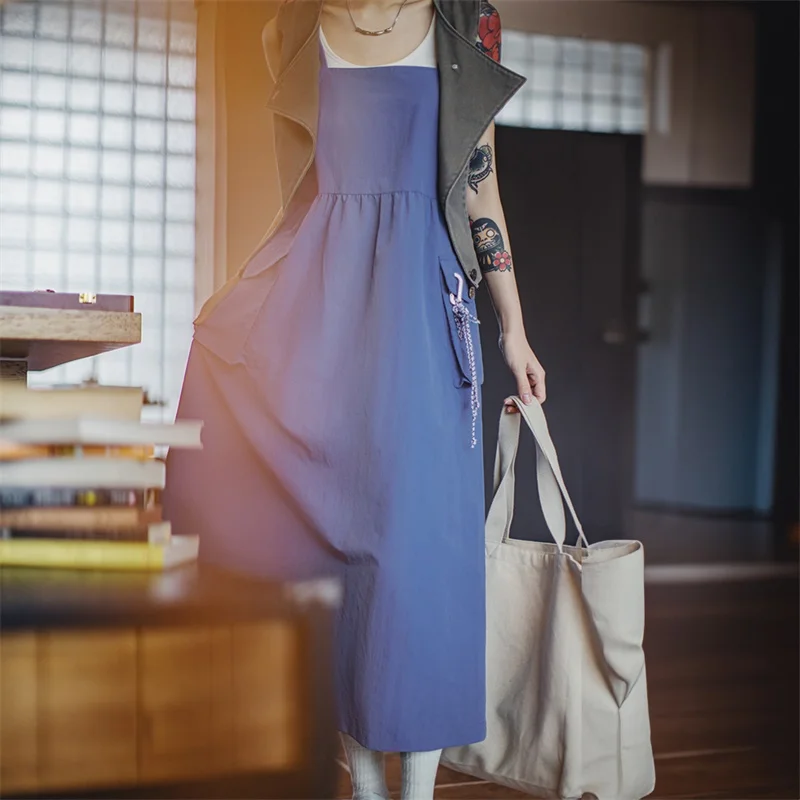 Women's Sleeveless Utility Maxi Dress with Pockets - Blue