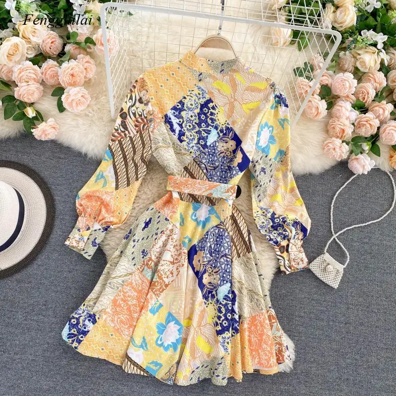 Spring New Trendy Vintage Style Print Long Sleeve Party Wear Girls Lace Up Slim Waist A-Line Mini Sexy Floral Dress with Belt