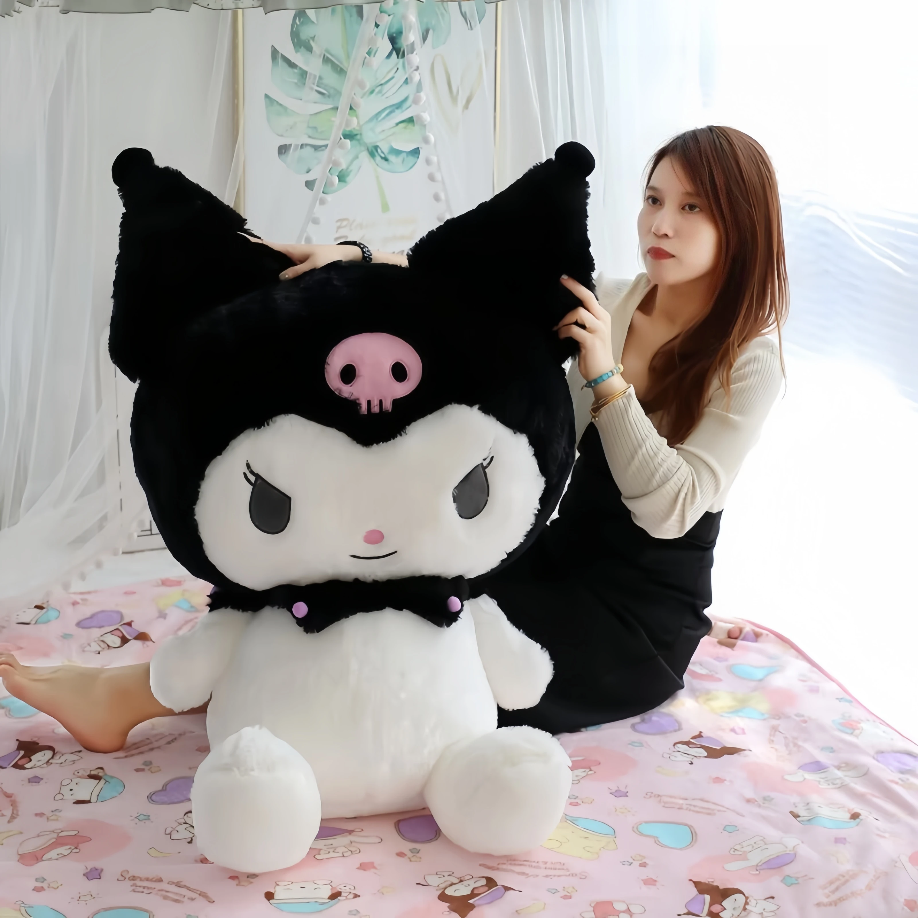 Big Size Sanrio Plushies Doll Kuromi Plush Toys Kawaii Stuffed Kuromi Plush Doll Anime Cartoon Ragdoll Home Decor Girls&kid Gift