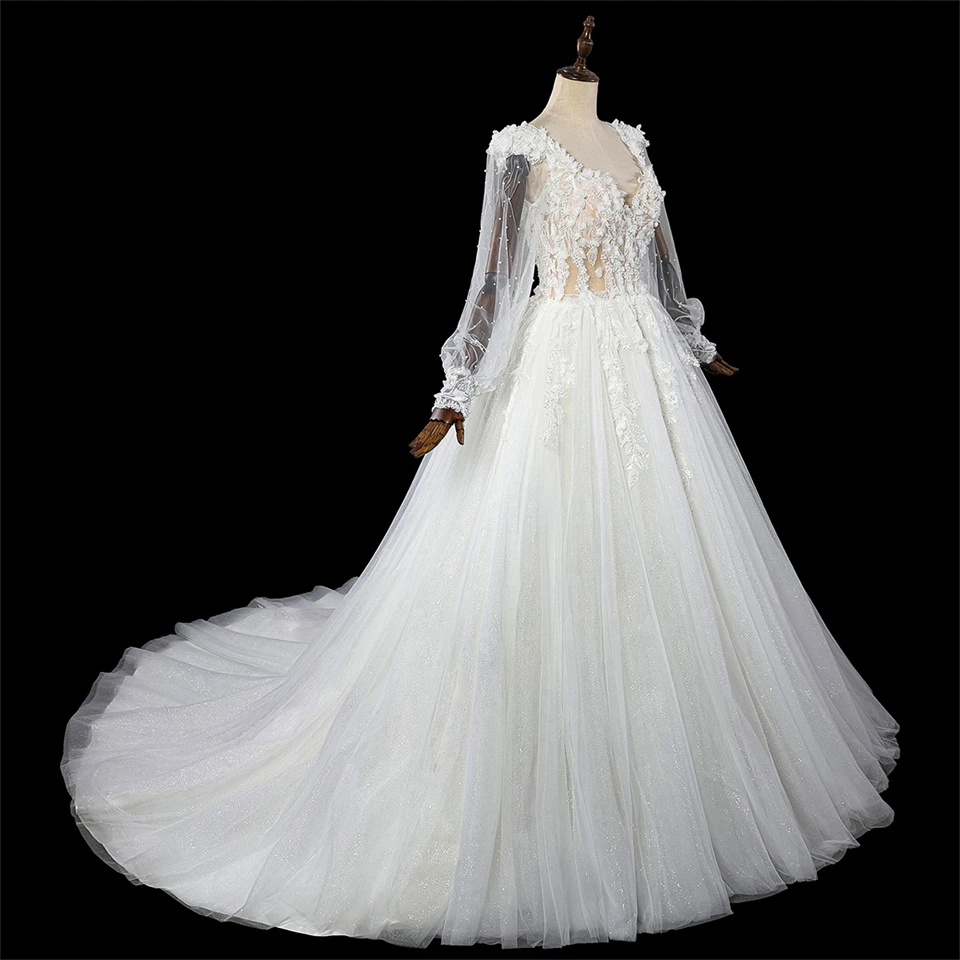 Elegante a pois maniche lunghe scollo a V Tulle Illusion 2024 Abiti da sposa per donna Corte dei treni Abiti da sposa Abiti da Noiva