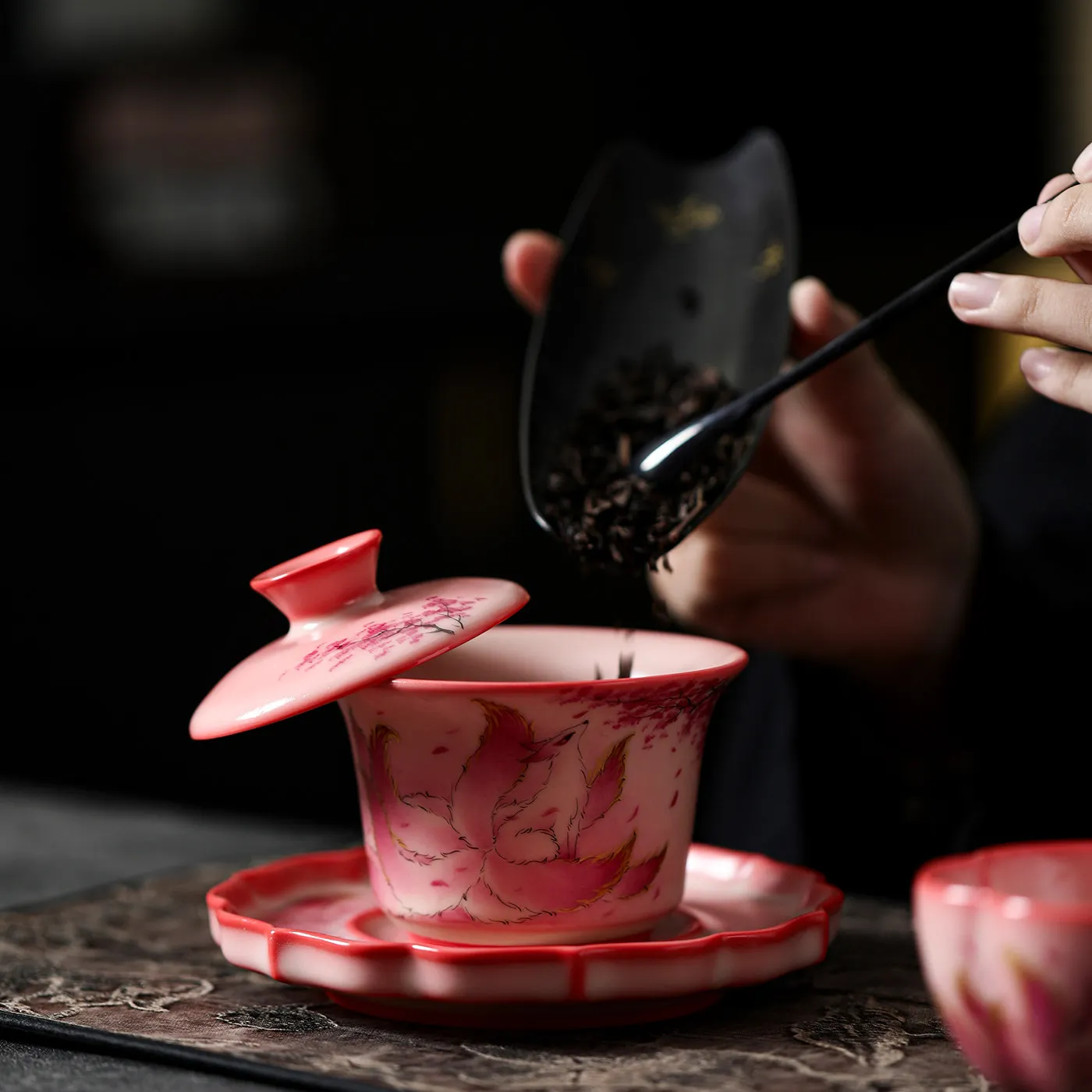Hand Painted Nine Tailed Three Piece Gaiwan, Ceramic Lidded Tea Bowl and Tea Brewer for Home, Studio and Office Tea Breaks