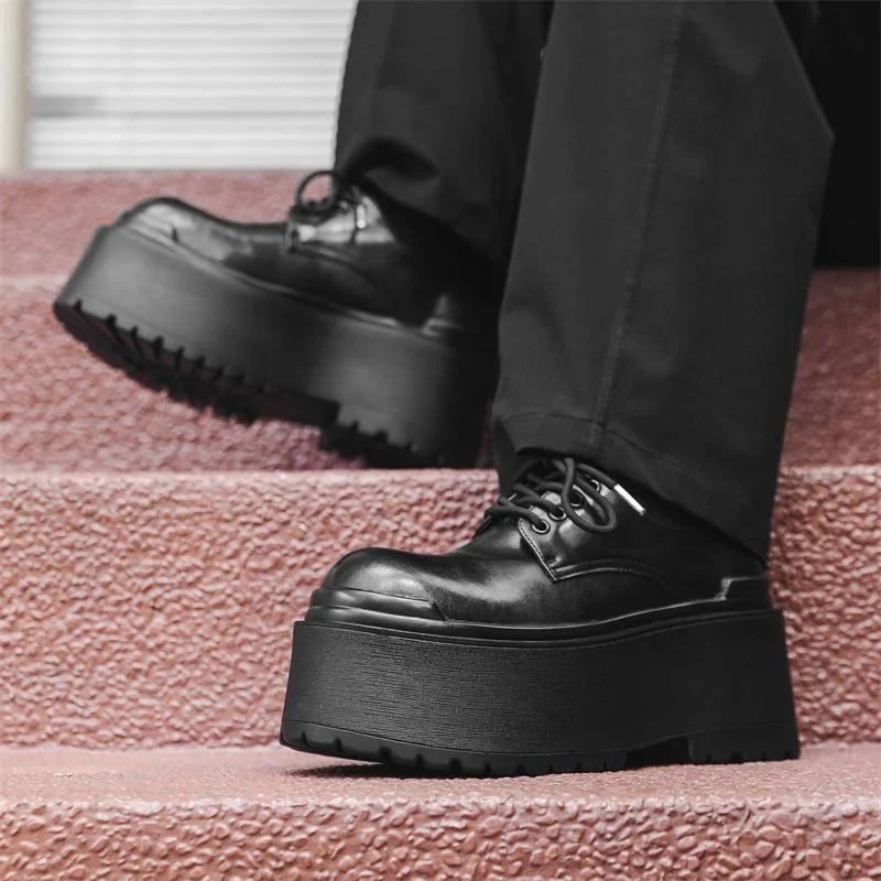 2026 Big Head Leather Men's Casual Trendy Models Increased By 10CM Niche Platform Muffin Male Model Catwalk Models Derby Shoes