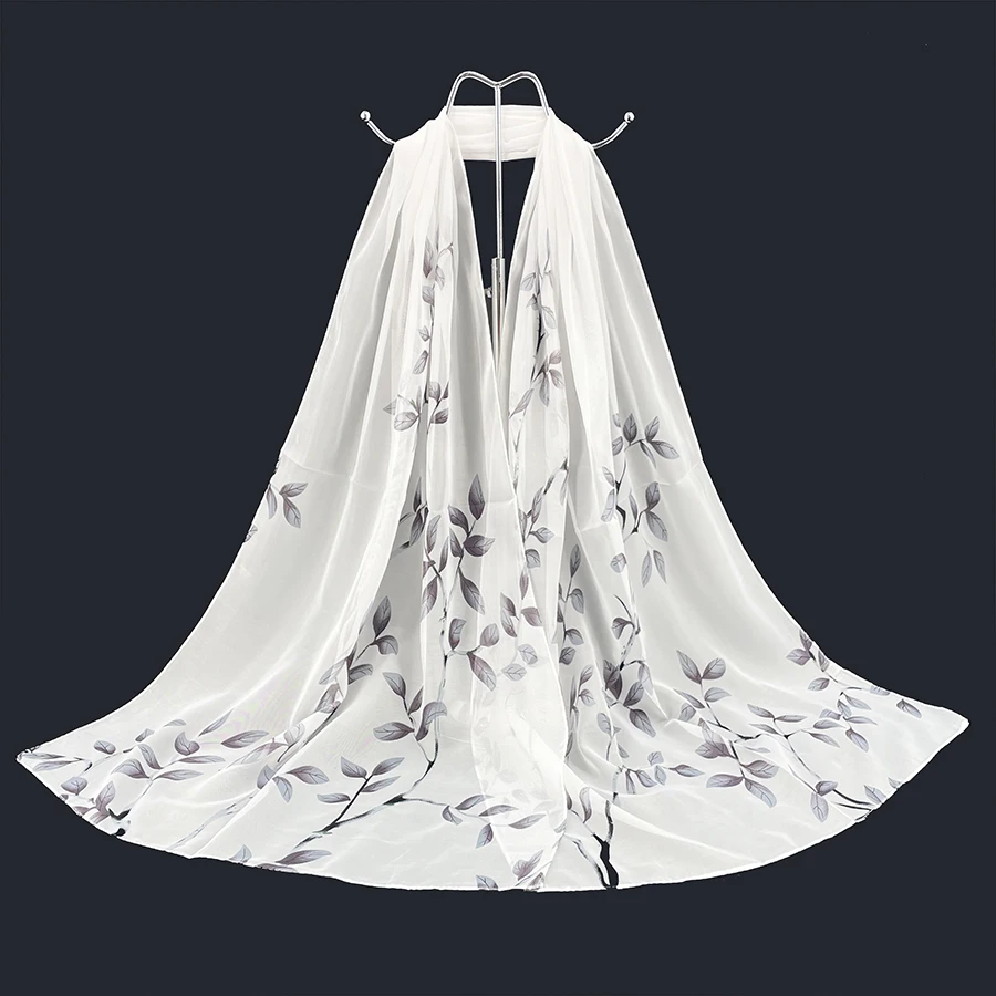 Leaf Print Silk-like Chiffon Scarf Shawl Lightweight Sheer Sarong, Versatile for Tablecloth Curtain Travel Beach Cover Up view 6