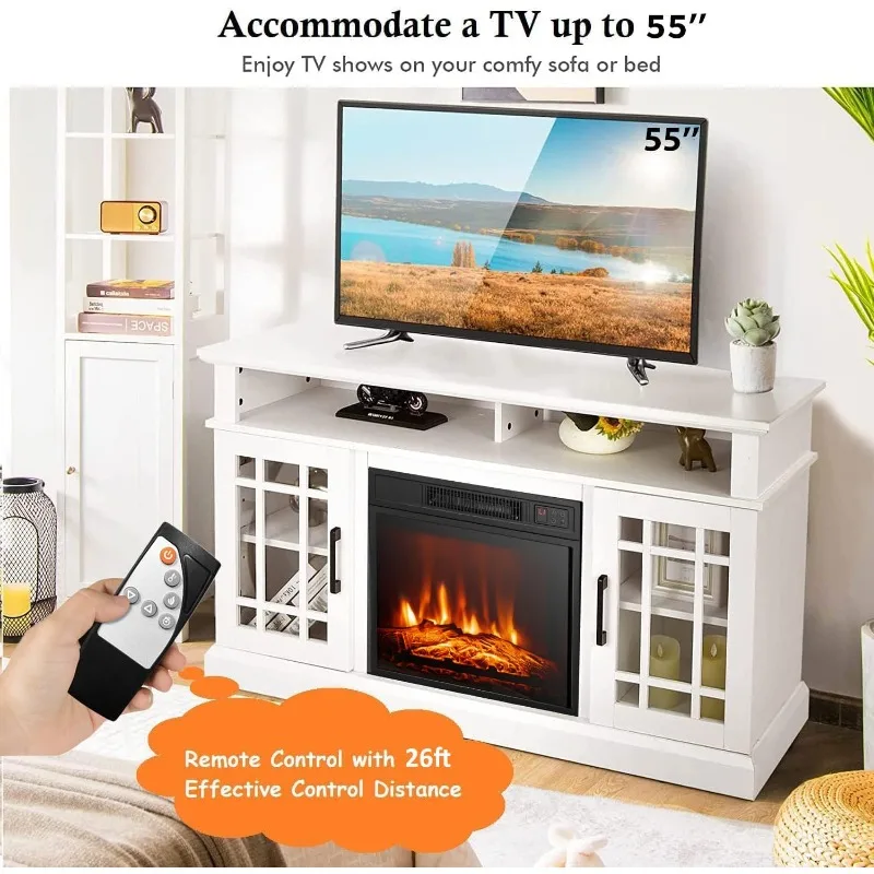 SIMOE Fireplace TV Stand Electric Fireplace 49Inch TV Console up to 55'' TV with 2 Shelves and 2 Cabinets w/Doors