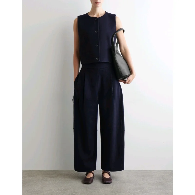 الوقوف نسخة الصوف مزيج البدلة سترة عارضة السراويل عالية الخصر السراويل الطويلة قطعتين مجموعة Fionable الخريف الزي للنساء