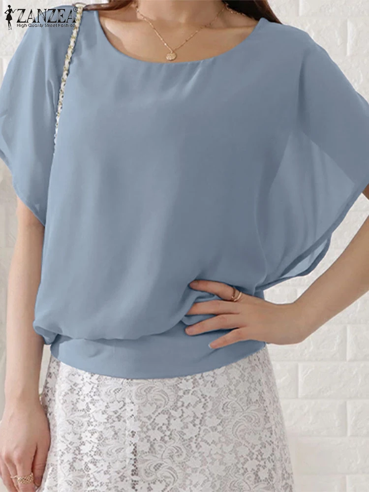 

ZANZEA Summer Chiffon Blouse Women Elegant Office Tops Casual Short Sleeve Blusas O Neck Tunic 2025 Solid Color Fashion Pullover