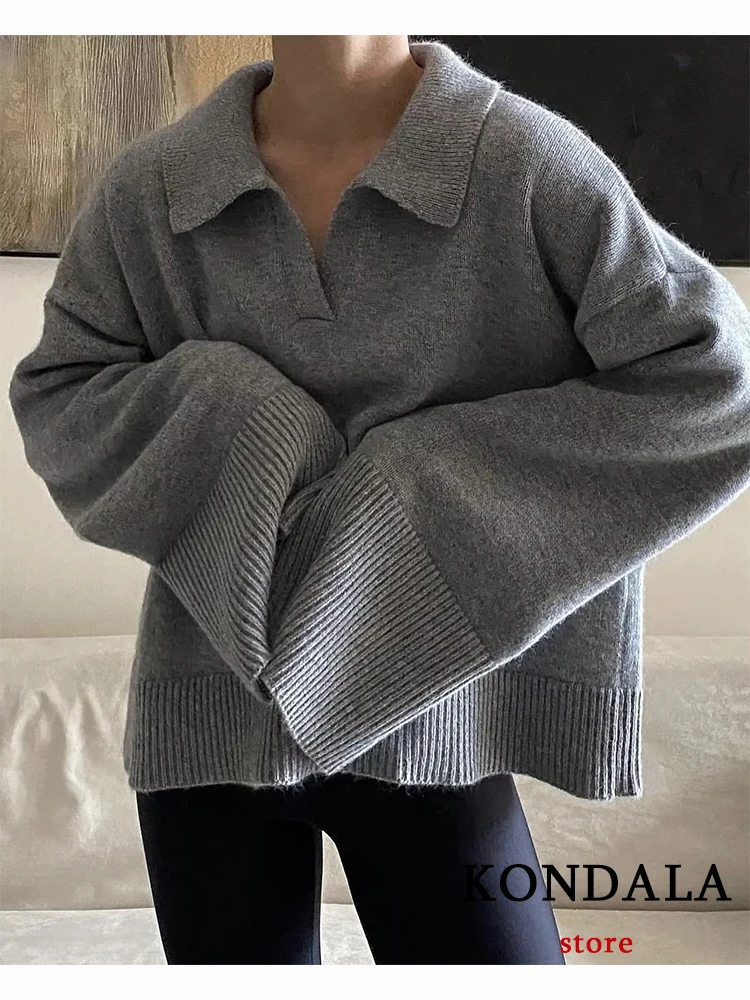 KONDALA Chic Solid Grey Long Flare Sleeve Women Sweater Fashion 2023 Winter Town-down Collar Oversized Pullover Vintage Knitwear