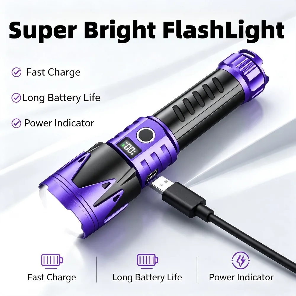 Zoom Retractable Focus Flashlight High Power White Light Torch with Digital Power Display for Outdoor Camping Emergency Lighting