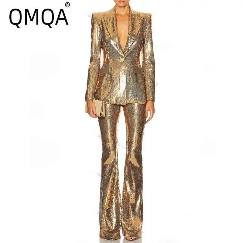 

QMQA Fashion Women's Elegant Gold Sequin 2 Piece Set Lapel Long Sleeve Blazer Coat High Waist Pants Slimming Sets 2025 New QM639