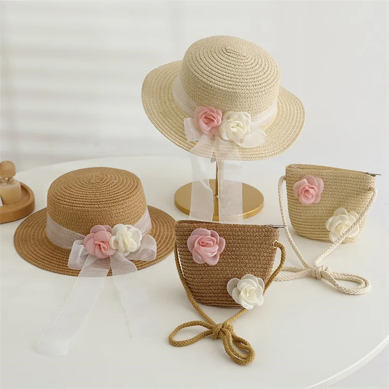 Kids Girls Large Wide Brim Flower Straw Hat And Shoulder Bag Woven Set Sun Protection Beach Hat Summer Floppy Bucket Cap Gorras