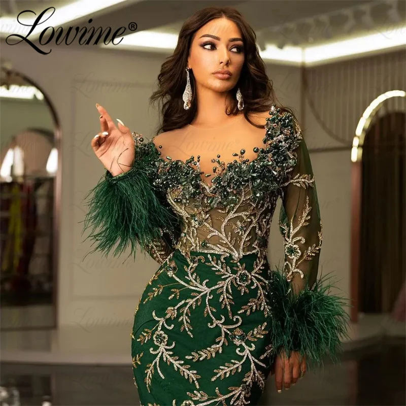 Green Feathers Long Sleeve Aso Ebi Crystals Mermaid Prom Dress Evening Beaded Party Second Reception Birthday Engagement Dresses