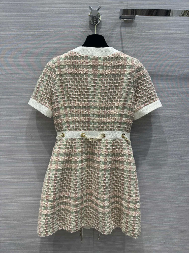 Europe Style 2023 Spring Brand New Designer Women's High Quality Pearls Chain Plaid Short Sleeves Tweed Dress C269