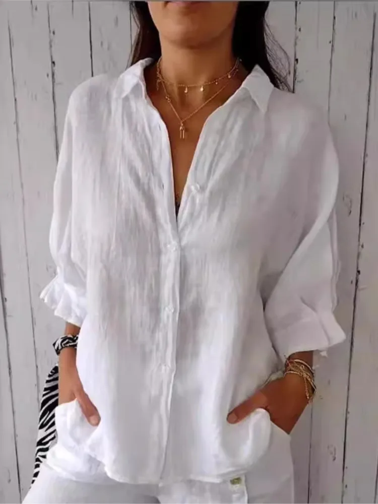 2025 Summer New Back Lace-up Shirt Women Solid Cotton Linen Half Sleeve Blouse Sweet Style Daily Casual Loose Female Tops Blusas