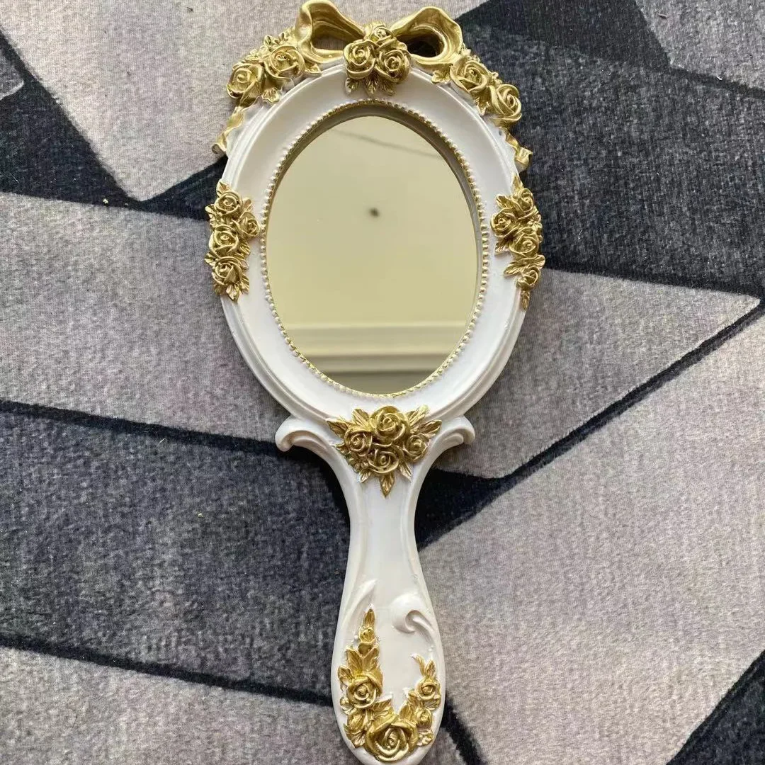 Miroir rétro européen avec poignée pour femme, miroir de maquillage portable, appareil photo de forme nar, miroirs dorés baroques antiques