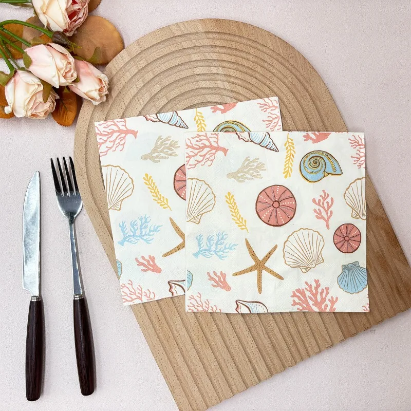 20pcs 33*33cm 2Ply Ocean Themed Colorful Napkins Cartoon Shell Sea Star Conch Party Atmosphere Decoration DIY Decoupage Paper