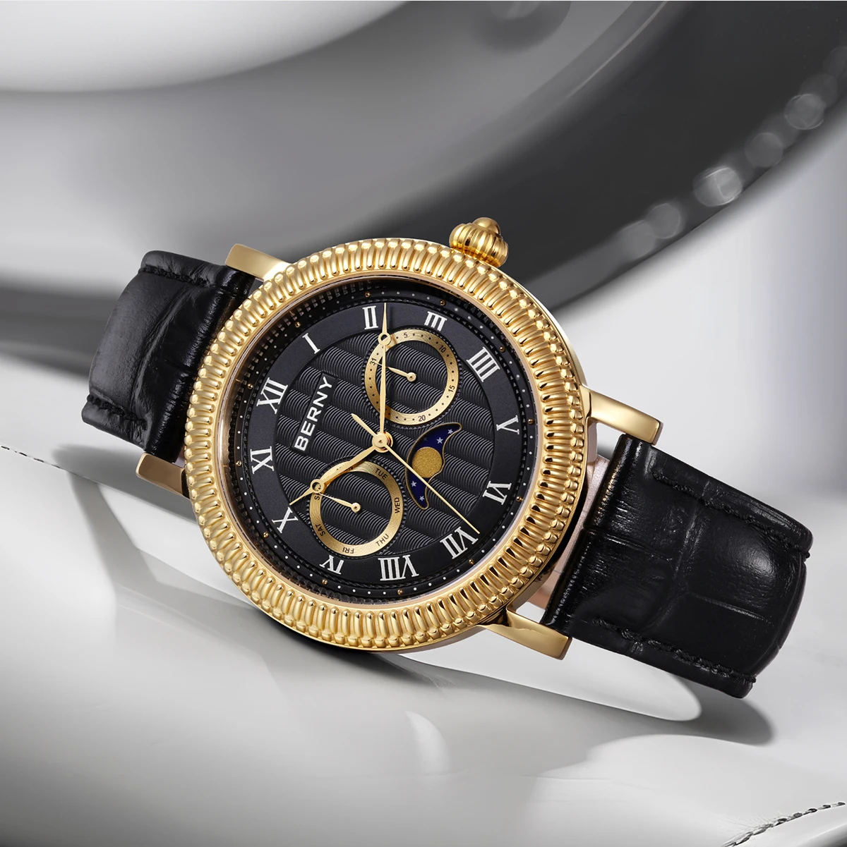 BERNY Uhren für Herren, Luxus-Kleidermarke, Business, Gold, Quarz, echte Monde, Herrenuhr, S/S, Saphir, Kalender, Mondphase-Armbanduhr – Detail 11