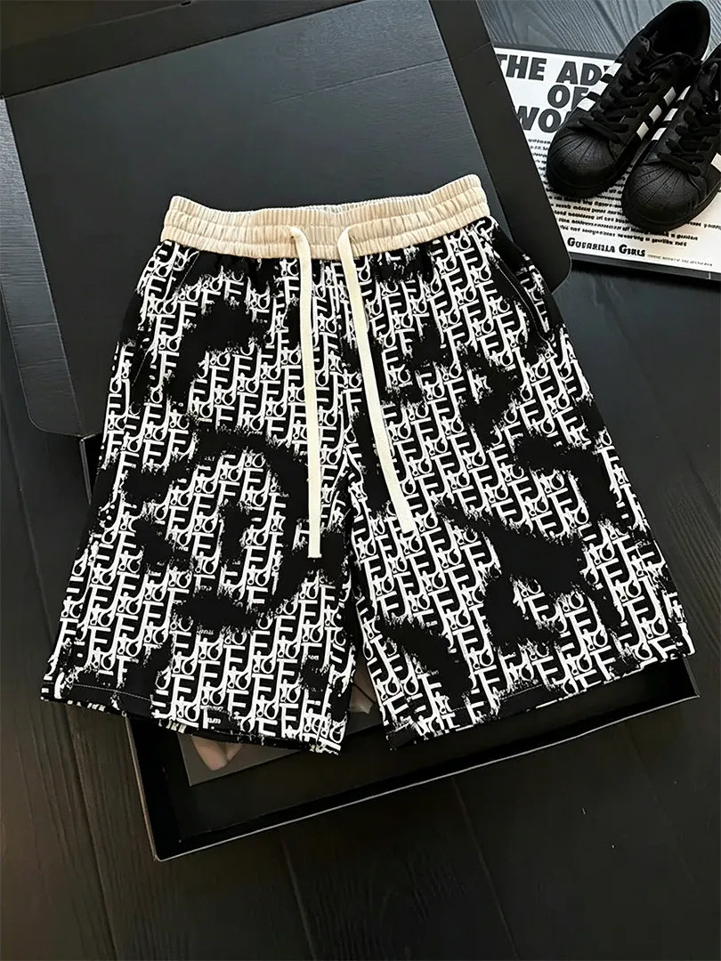 

American Hawaiian Letter Print Drawstring Shorts Men's Summer Vintage Five-Quarter Beach Holiday Straight Leg Beach Pants
