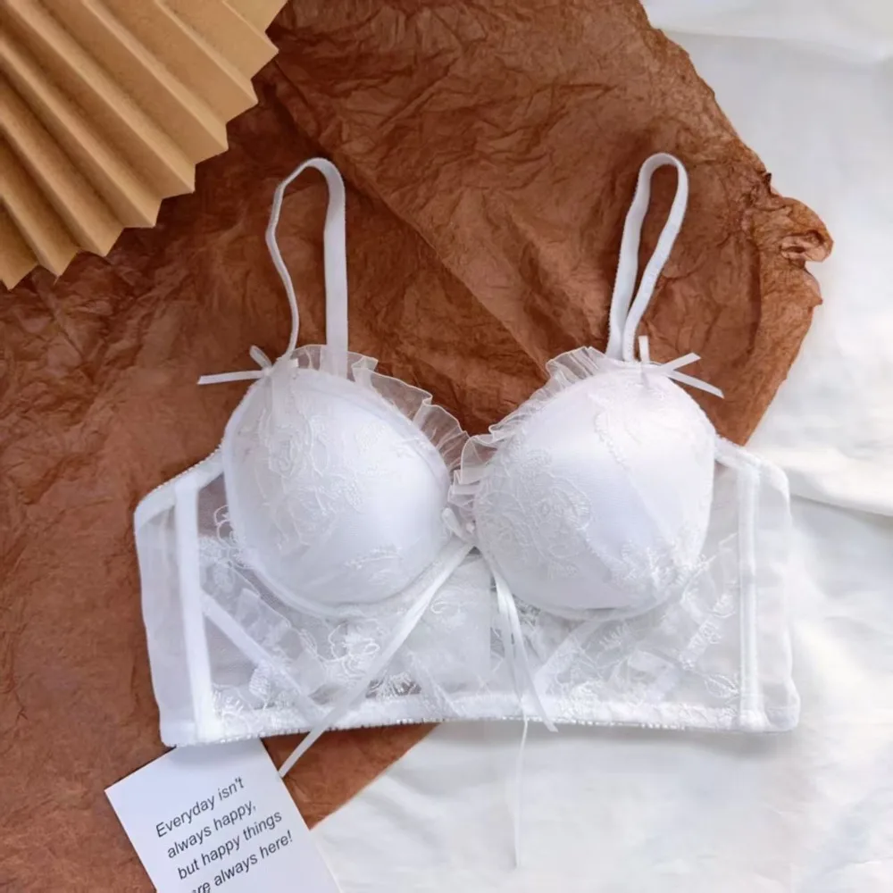 MOYISU  Ladies Lace Bra Sweet Wireless Comfort Push Up Anti Sag Small Chest No Empty Cup Soft Daily Intimate Lingerie 32-38セクシーな