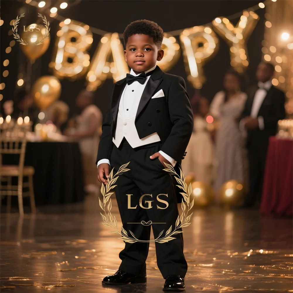 

3-Piece Boys Tuxedo Formal Tailcoat Jacket with Matching Pants and White Vest Outfit for Wedding Party Cocktail Birthday Events