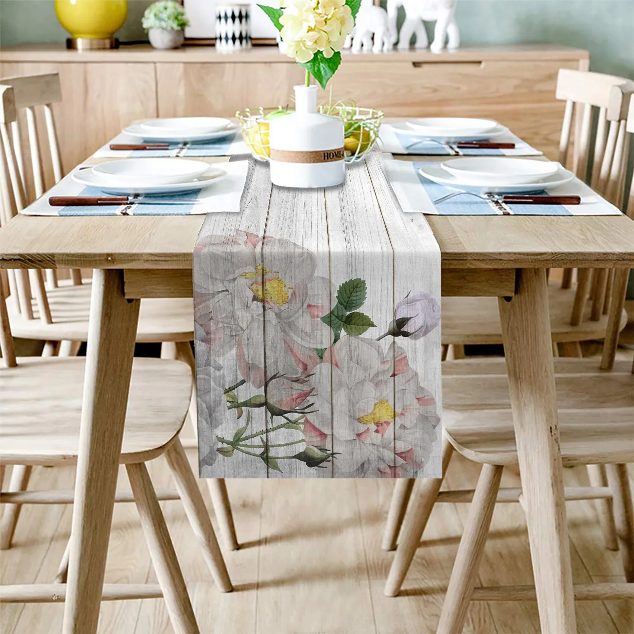 Wooden White Rose Flower Linen Table Runners Kitchen Table Decoration Accessories Dining Table Runner Wedding Party Supplies