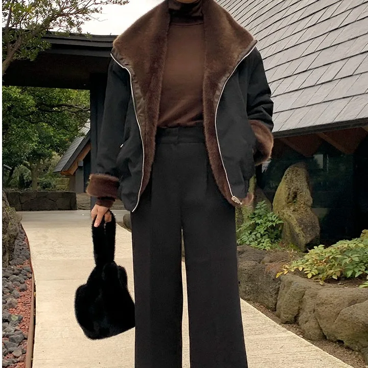 

Women's Loose Fit Double-Sided Wear Warm Cotton Jaet Korean Sle Chic Autumn Winter Vintage Versatile Furry Outerwear