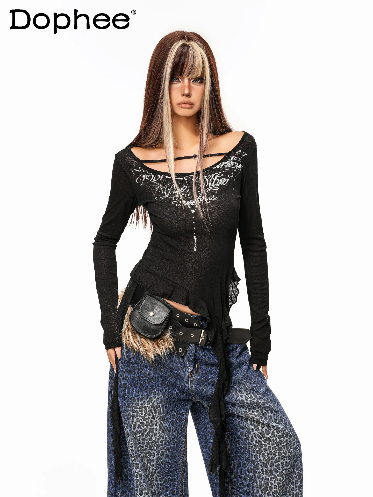 

Y2K Subculture American Retro Long Sleeve T-Shirt Sweet Cool Hot Girl Ruffled Hem Top 2026 Spring New Style